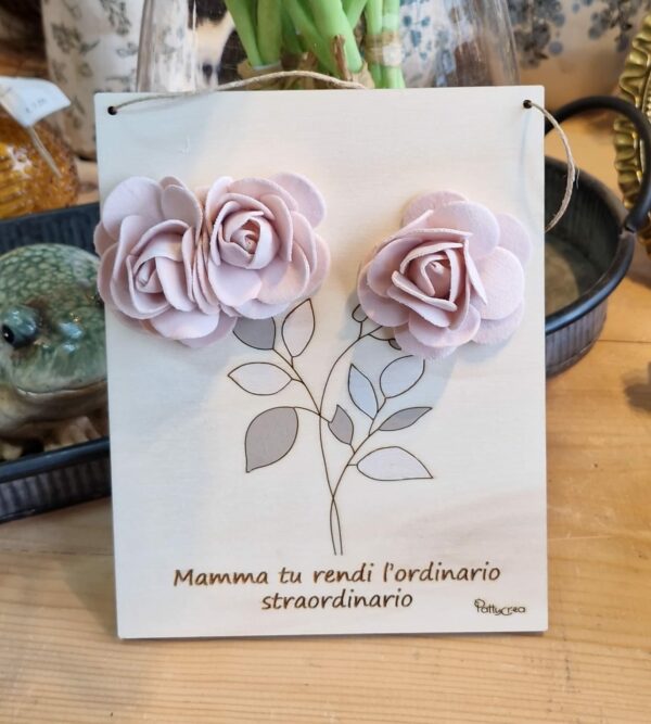 Quadretto  con frase personalizzabile fiori tessuto foglie dipinte 20cm