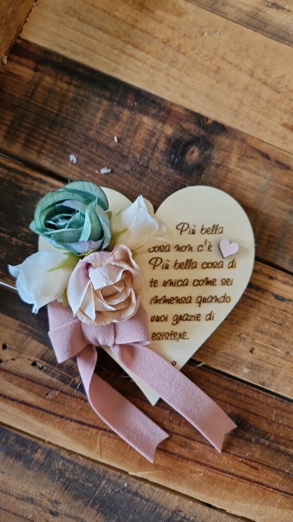 Cuore in legno con frase incisa a laser  fiori e fiocchi personalizzabile con scatola  H.11cm  Pattycrea