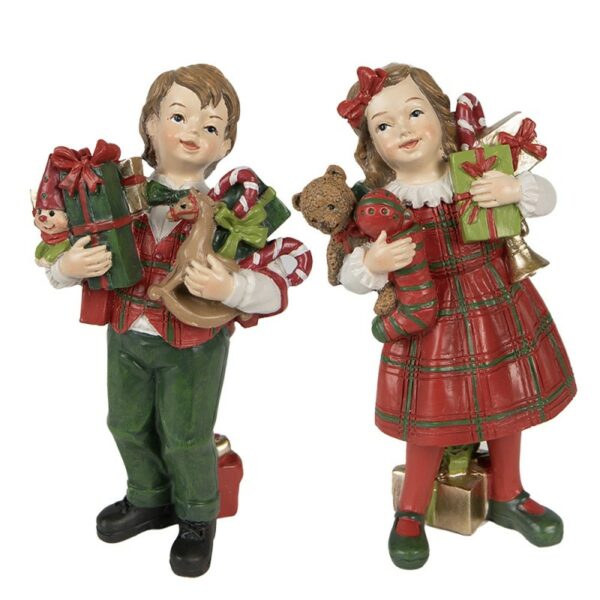 Statuetta Decorativa Bambini Set Van 2 / 13 Cm Rosso Verde Poliresina Decorazione Di Natalizie Clayre & Eef