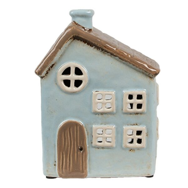 Portacandela casetta blu marrone 12x9x15cm Clayre